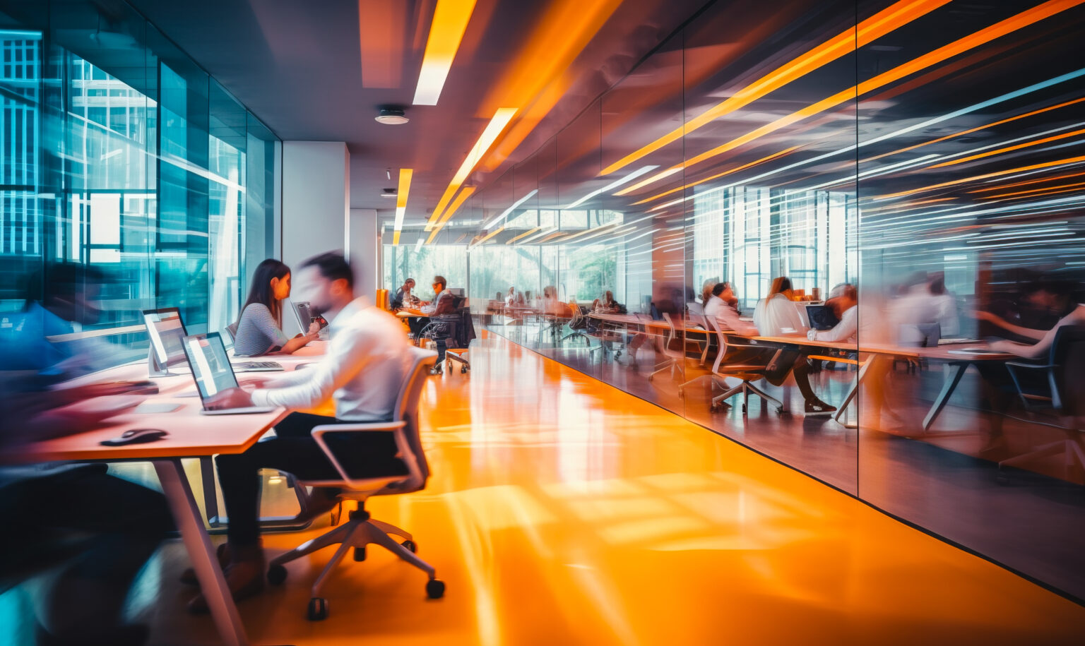 Bright business workplace with people in walking in blurred motion in modern office space.