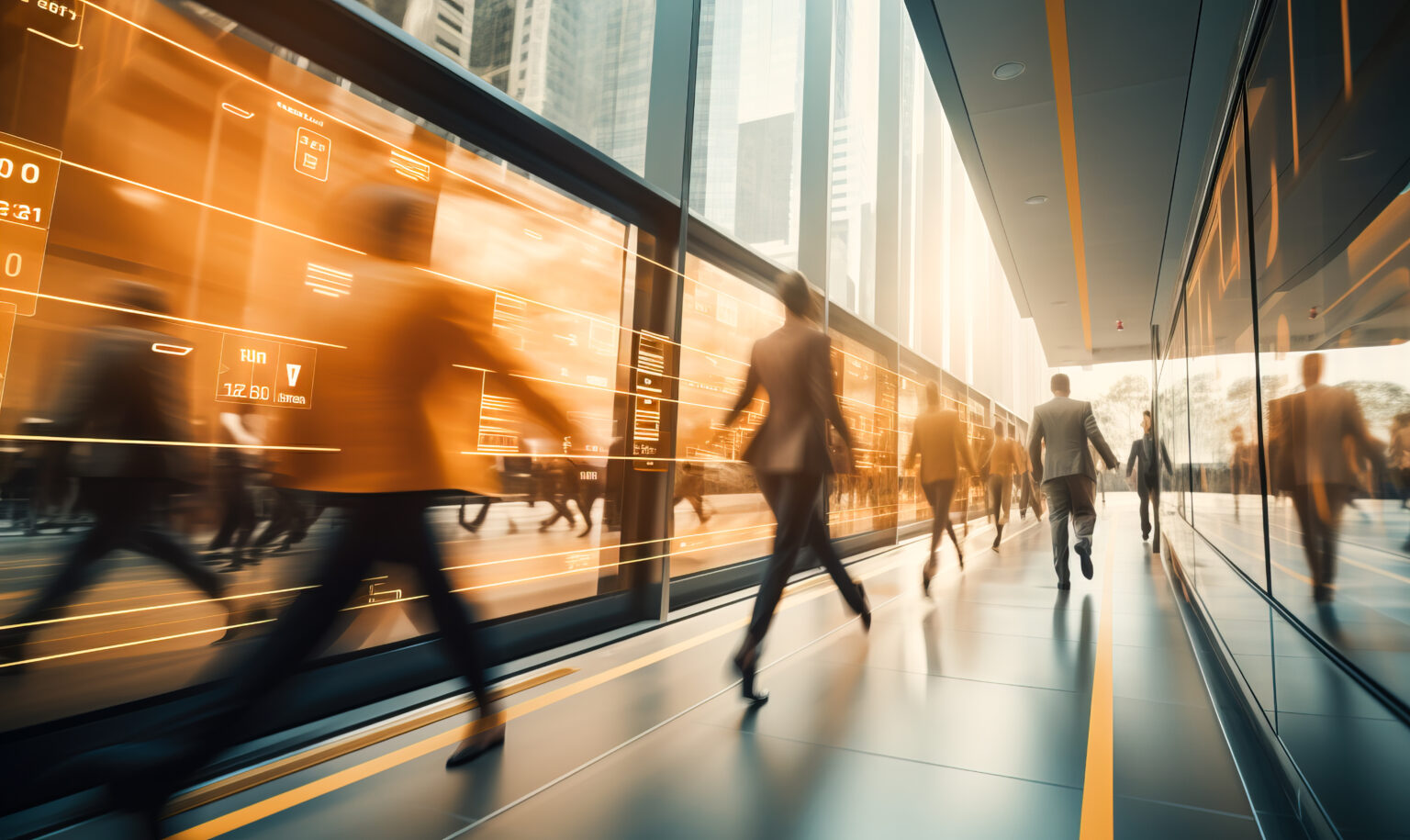 Bright business workplace with people walking in blurred motion within a modern healthcare office space.