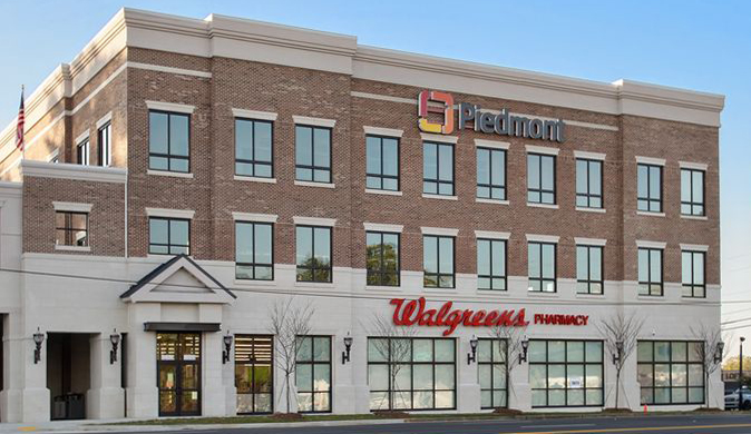 Medical office building with retail space housing a Walgreens.
